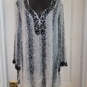 Adrienne Vittadini black and white sheer  bejeweled blouse XL
